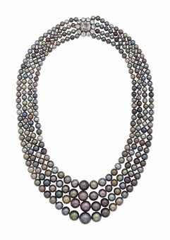 A MAGNIFICENT AND RARE NATURAL COLORED PEARL AND DIAMOND NECKLACE Comprising fou...