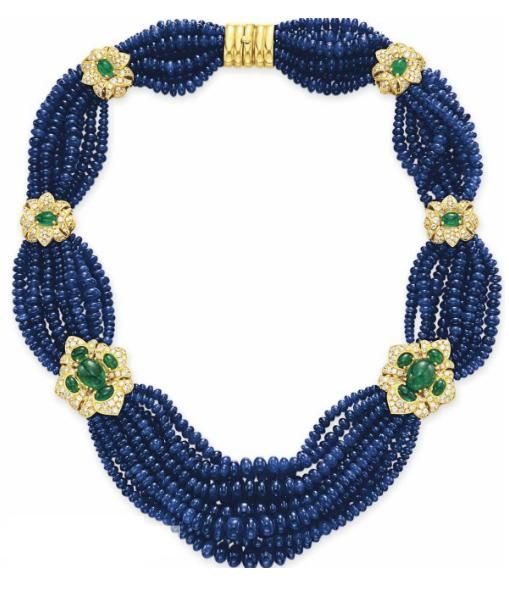 A SAPPHIRE BEAD, DIAMOND AND EMERALD NECKLACE. Christie's.