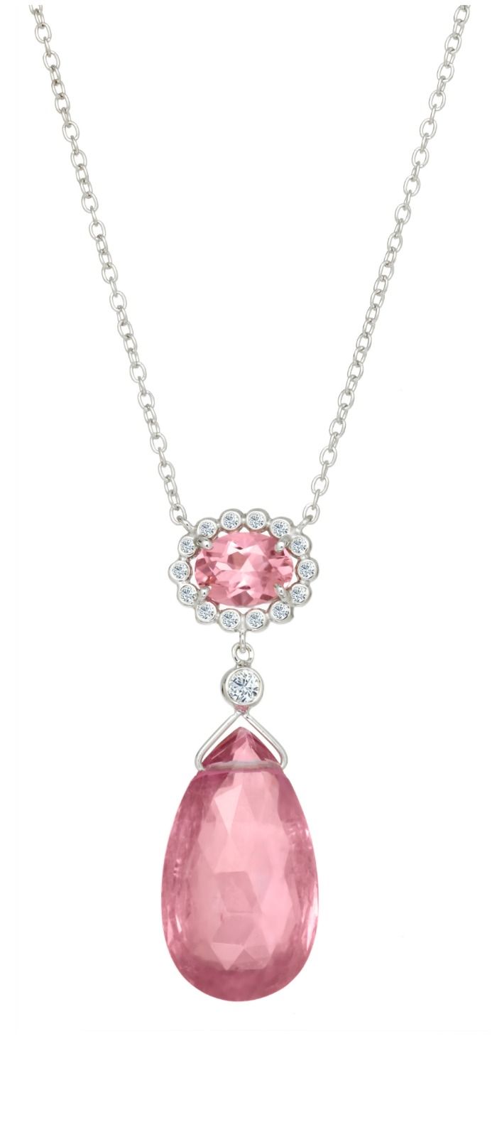 A Suzy Landa pink tourmaline necklace in white gold with diamonds.