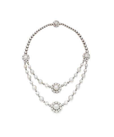 A natural pearl and diamond festoon necklace, with a natural pearl and diamond c...