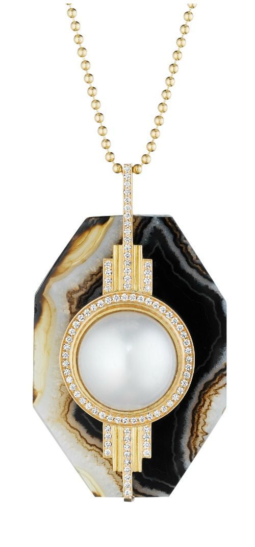 A stunning agate and pearl pendant with diamonds by Doryn Wallach Jewelry.