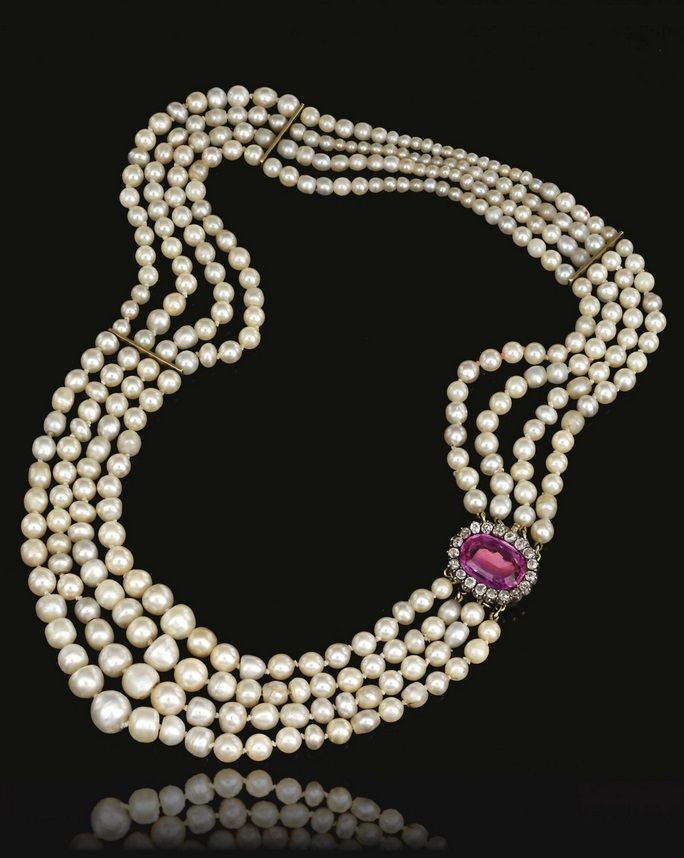 An antique pearl, cultured pearl, pink topaz and diamond necklace, 19th century....