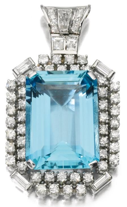 Aquamarine and diamond pendant.    Set at the centre with a step-cut aquamarine ...