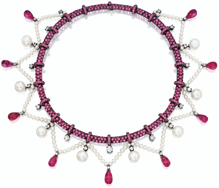 Boucheron pink sapphire, pink tourmaline, pearl, and diamond necklace. This 14-i...