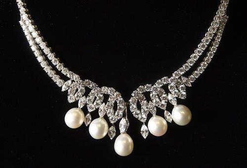 Called Princess Diana's Swan Lake Diamonds, this platinum South Sea pearl an...