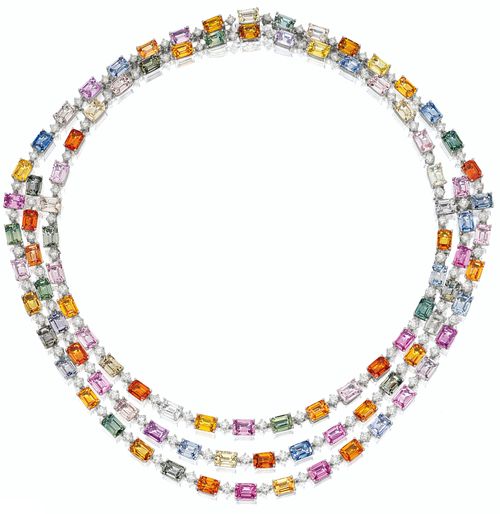 Colored sapphire and diamond necklace.     The necklace set to the front with th...