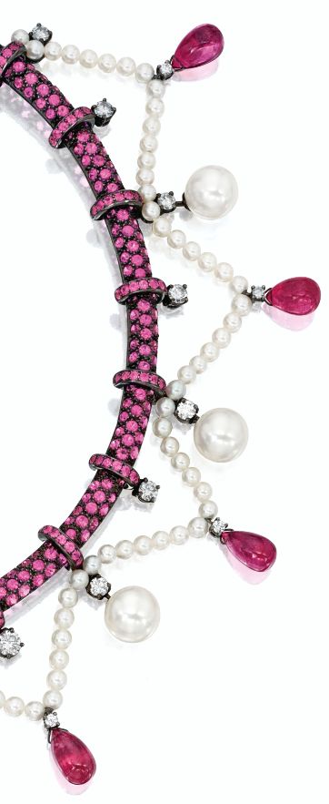 Detail: Boucheron pink sapphire, pink tourmaline, pearl, and diamond necklace. T...