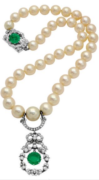 Emerald, diamond and pearl necklace.
