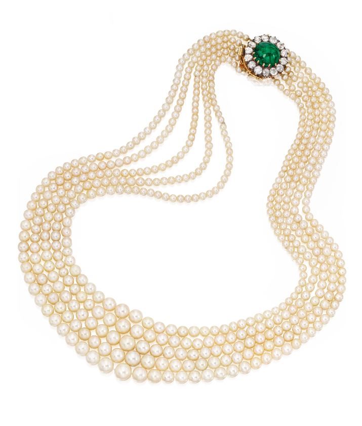 Emerald, diamond, pearl, silver and gold necklace.