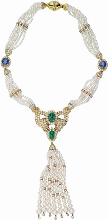 HAMMERMAN BROS. Cultured Pearl, Diamond, Emerald and Sapphire Necklace