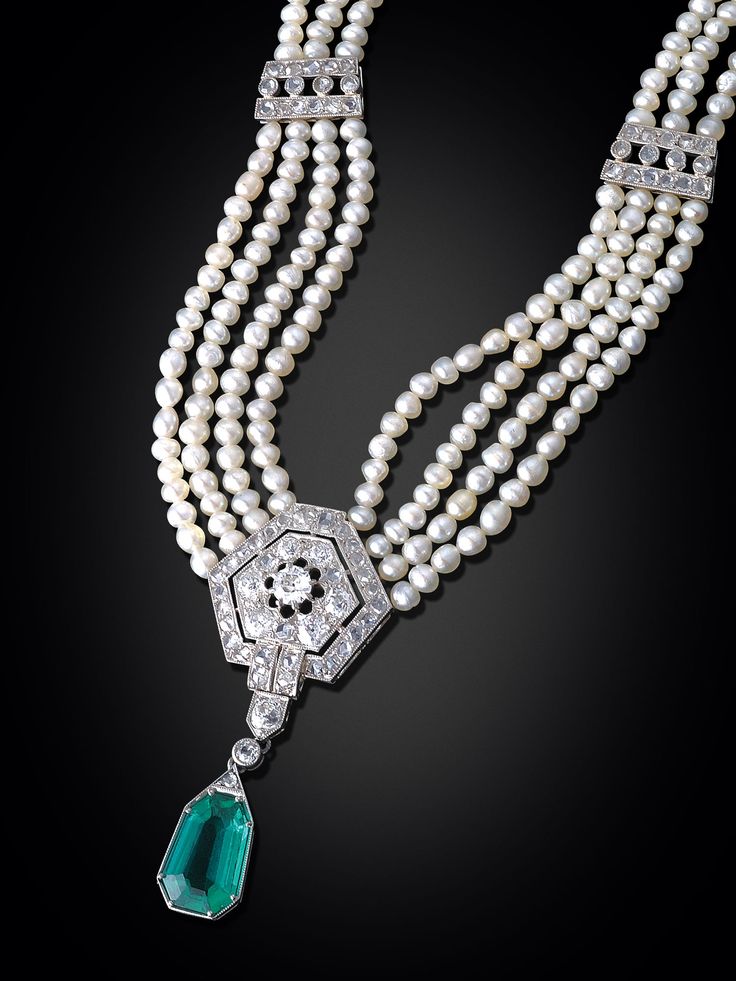 Natural Pearl, Emerald & Diamond Necklace