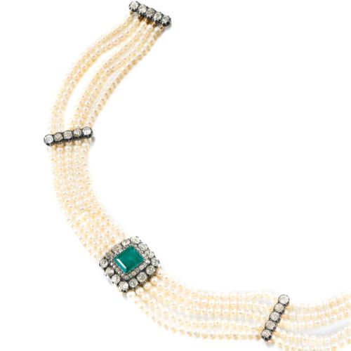 Natural pearl, emerald and diamond choker | Lot | Sotheby's