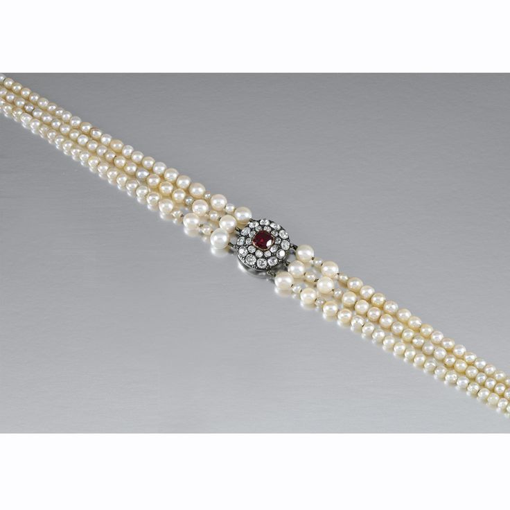 PEARL, CULTURED PEARL, SPINEL AND DIAMOND NECKLACE Designed as three graduated r...