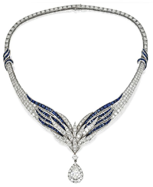 PLATINUM,  SAPPHIRE  AND  DIAMOND  NECKLACE  BY E.  PEARL. Photo via Sothe...