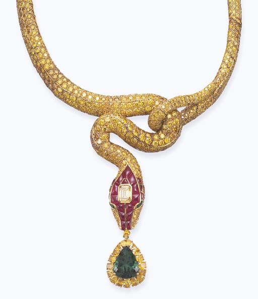 Snake necklace: ruby, diamond and emerald.