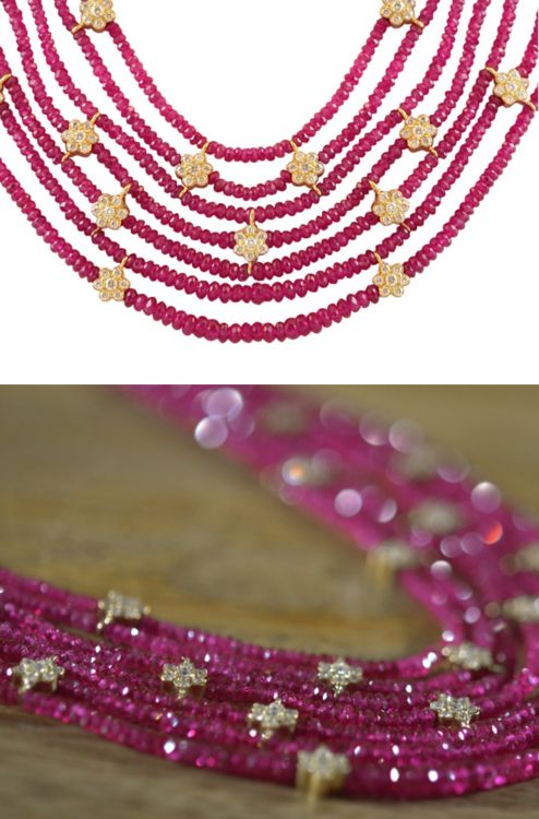 Stunning faceted Persian magenta Sapphires enhanced with intricate 18kt gold and...