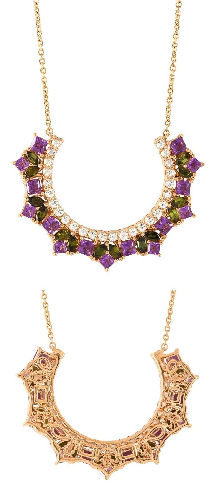 The Lira necklace by Ayva jewelry, with gemstones and diamonds in gold.