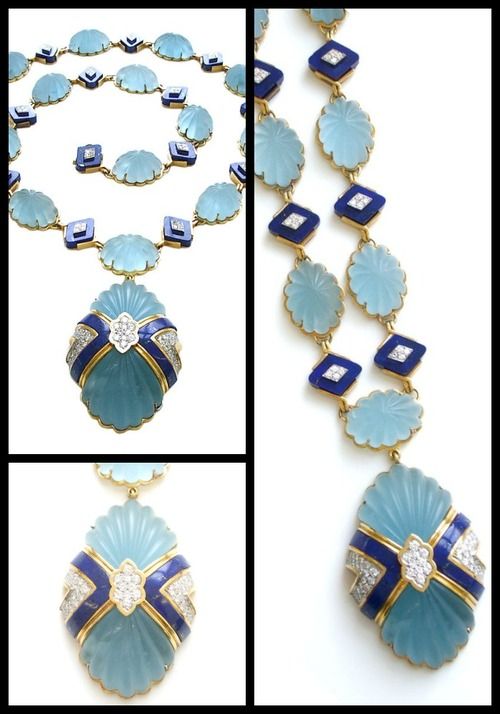 Wander gold, aquamarine, lapis lazuli, and diamond necklace. A stunning 18k yell...