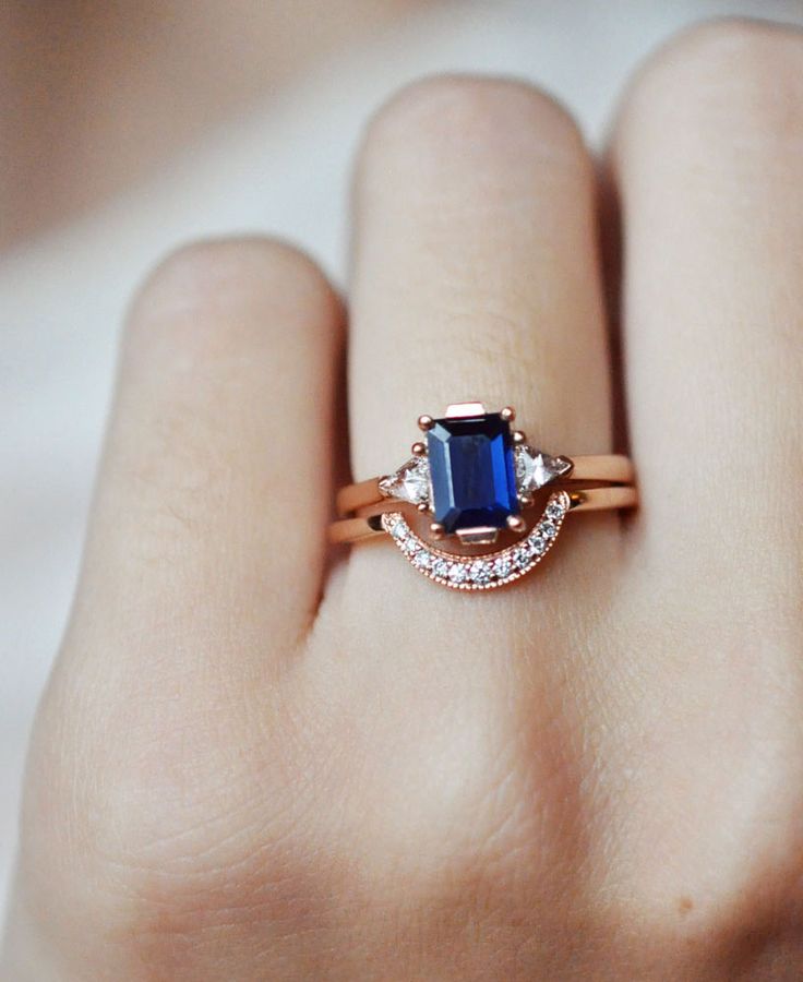 Anna Sheffield Blue Sapphire Bea Ring & Rose Gold Crescent Band