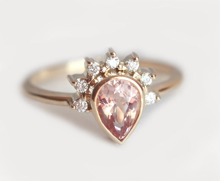 Pear Morganite Engagement Ring, Morganite Diamond Crown Ring, Diamond Morganite ...