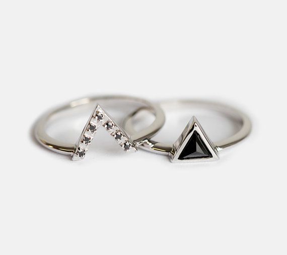 modern triangular Black Diamond Ring Set,