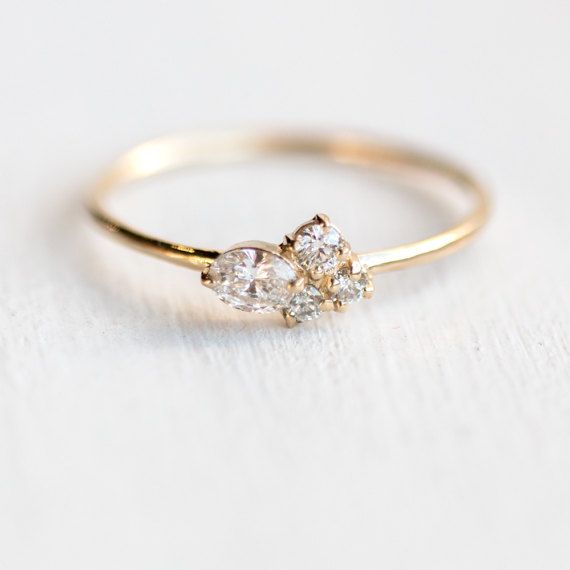 Snow Owl Mini Cluster Ring // Assymetrical Diamond Engagement Ring in 14k Gold /...