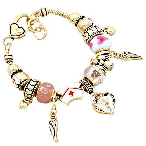 Nurse Charm Bracelet C32 Pink Murano Glass Beads Gold Ton... www.amazon.com/...