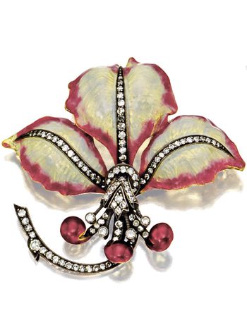 ENAMEL AND DIAMOND BROOCHES The flower, decorated with enamel highlighted by bri...