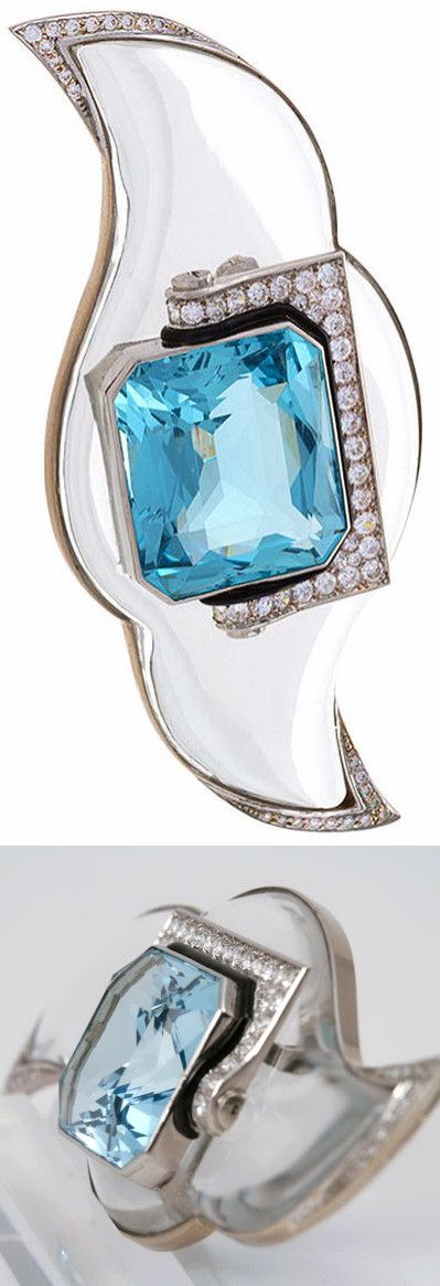Mauboussin Art Deco Aquamarine Rock Crystal Diamond Platinum Brooch, circa 1930...