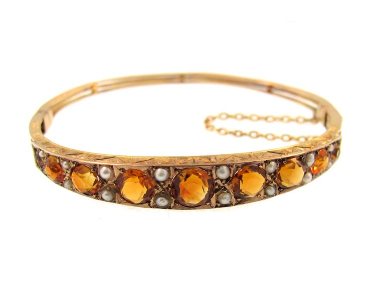 24362 - 9ct Citrine & Seed Pearl Hinged Bangle, Birmingham 1903 - SOLD. Antique ...
