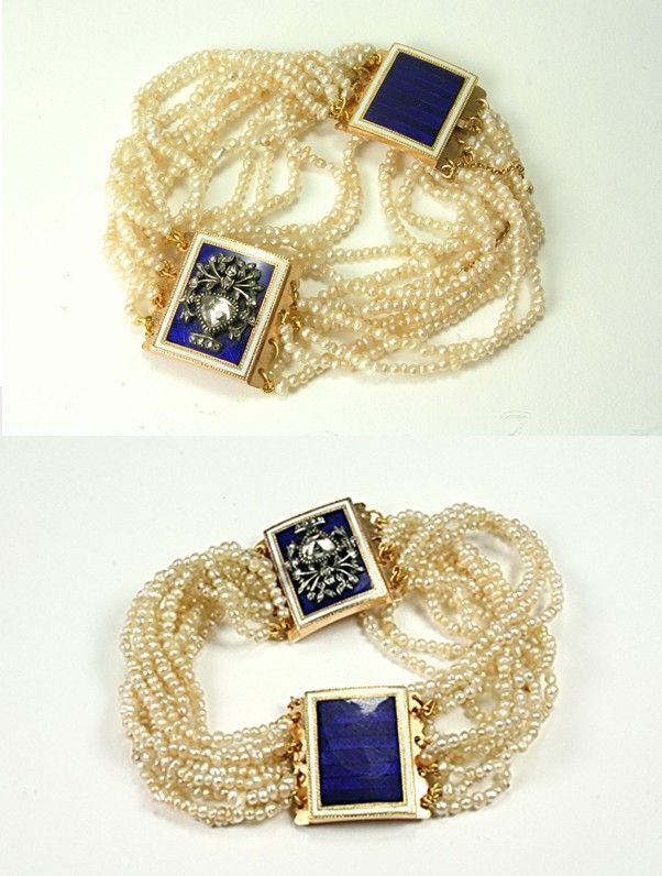 A rare Georgian diamond, pearl, blue glass, silver, and gold giardinetti bracele...