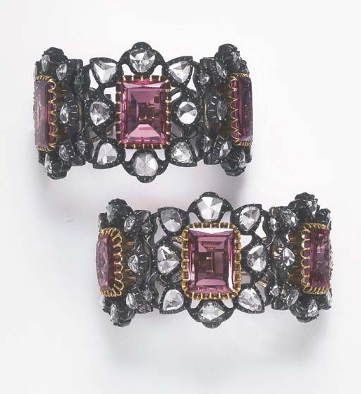 AN ELEGANT PAIR OF DIAMOND, SYNTHETIC SPINEL AND SPINEL BRACELETS. Each articula...