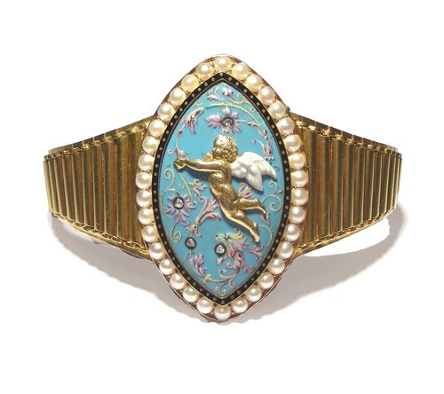 An Enamel and Gem-set Bracelet by Carlo Giuliano A graduated gold bracelet centr...