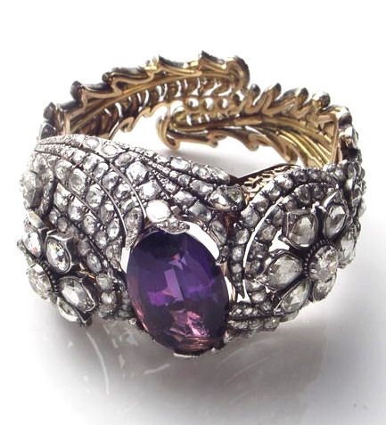 An amethyst, diamond and silver-topped bangle bracelet,