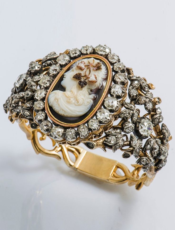 An important antique 18k gold, silver, diamond an agate cameo bracelet, probably...