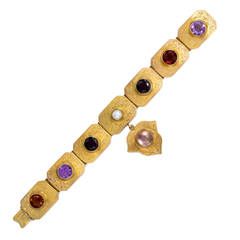 Antique English Multi Gemstone Gold Plaque Bracelet