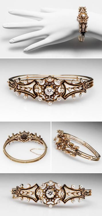 Antique Victorian Bangle Bracelet w/ Old European Cut Diamonds in 14K Gold, circ...