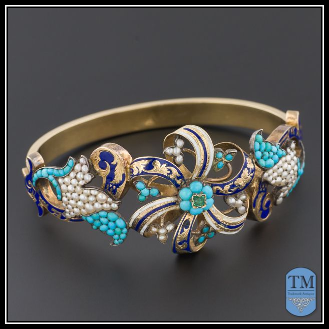 Antique Victorian Turquoise Pearl Emerald & Enamel Bracelet, 14k Gold Bangle