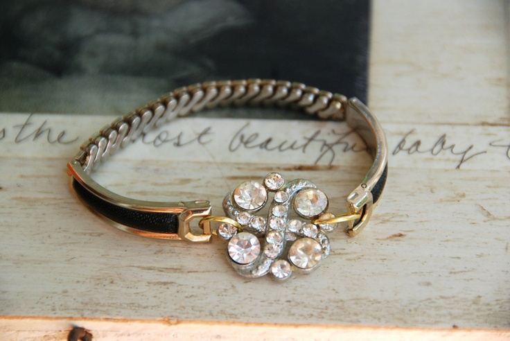 Assemblage bracelet created with vintage rhinestone button attached to vintage s...