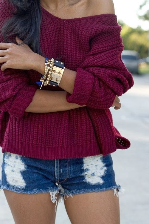 Burgundy Cardigan With Jeans Shorts