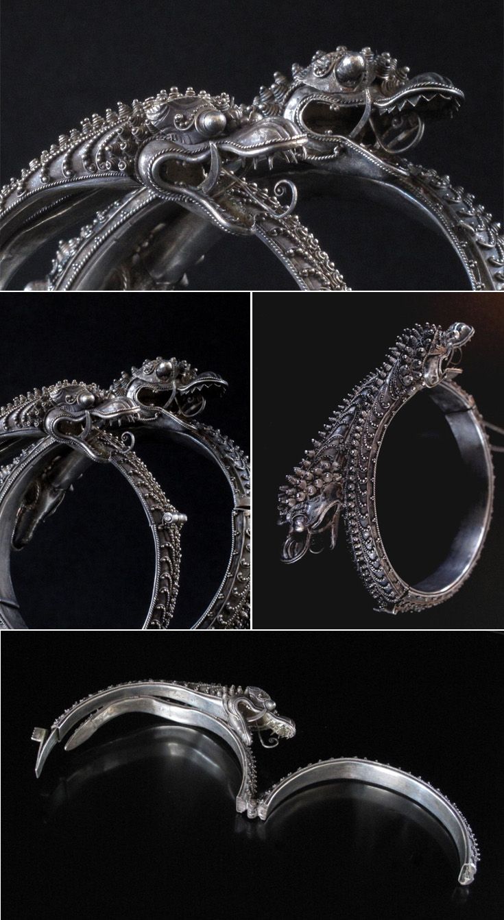 Chinese Straits hinged dragon bracelets' silver; filigree and granulation | ...