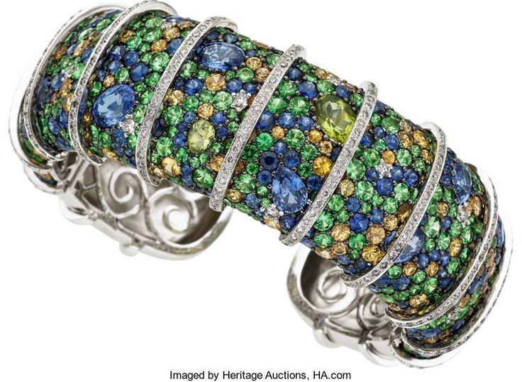 Estate Jewelry:Bracelets, Sapphire, Peridot, Diamond, White Gold Bracelet. ... #...