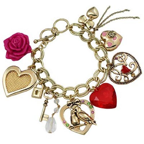 Heart Charm Bracelet D4 Red Pink Rose Lovebirds Key Gold ... www.amazon.com/...