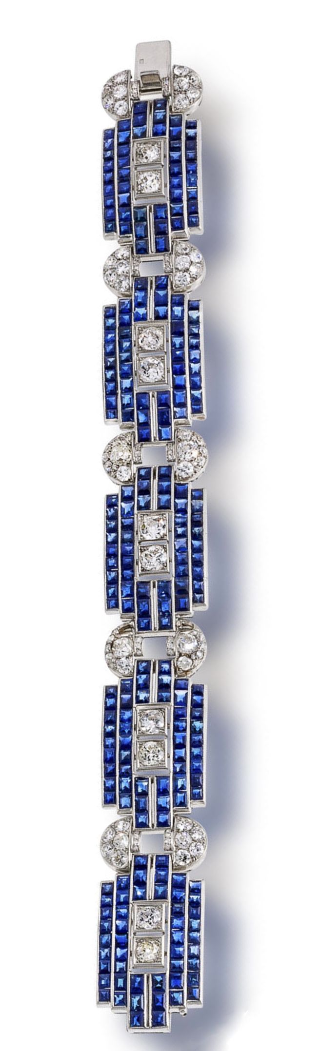 A sapphire and diamond bracelet, circa 1935, composed of geometric links set wit...