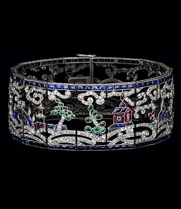 Art Deco Chinoiserie Sapphire, Emerald, Ruby and Diamond Bracelet. #chinoiserie