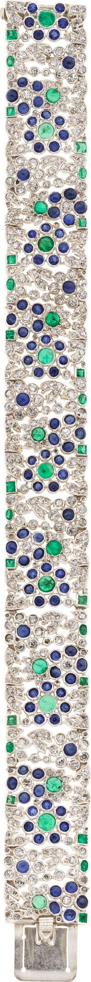 Art Deco Diamond, Sapphire, Emerald, Platinum Bracelet.