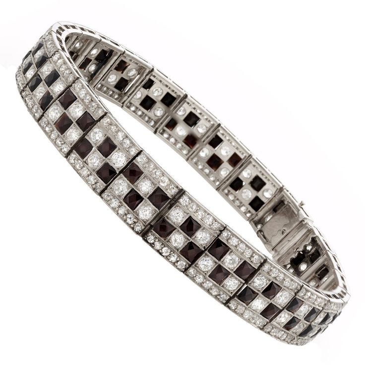 Art Deco Onyx Diamond Platinum Checkerboard Line Bracelet | From a unique collec...