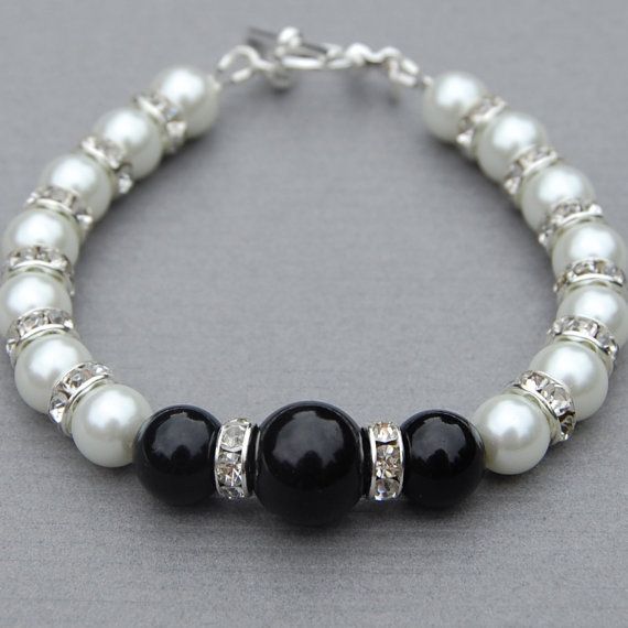Blanco y negro joyas, pulsera negra imitación perla blanca, dama regalos de bod...