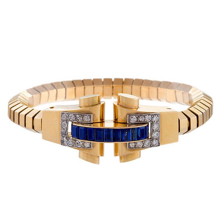 Boucheron French Retro Sapphire Diamond Gold Bracelet | From a unique collection...