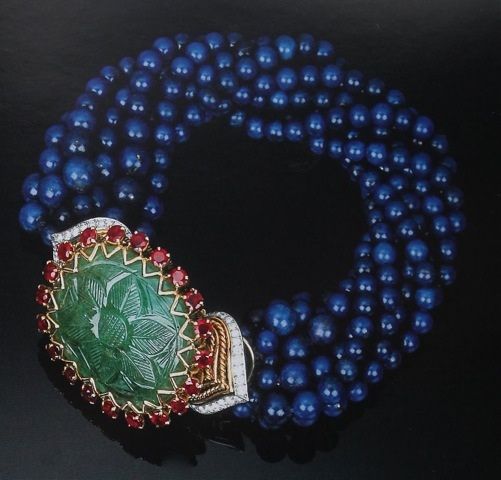 Cartier Paris 1965 Carved Emerald Ruby Lapis Lazuli Bead Torsade Bracelet.